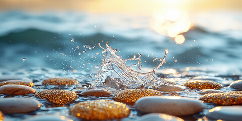 Water splash dances on stone tiles at sunset by the sea Generative AI