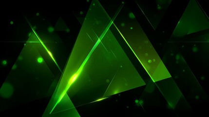Luminous Green Abstract Background with Geometric Triangles and Bokeh Effect