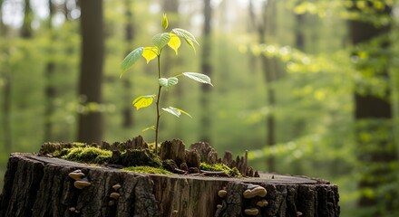 New growth on tree stump in spring forest setting for nature conservation and rebirth theme