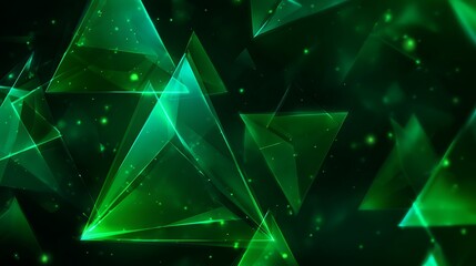 Abstract Green Geometric Triangles Background with Glowing Particles and Digital Network Effect