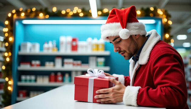 Man in santa hat holding a red gift box in holiday store setting with lights - Powered by Adobe