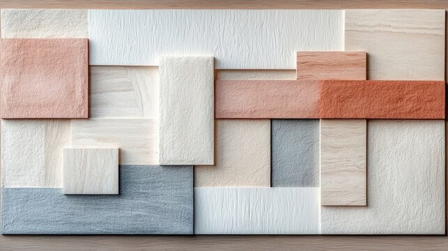 A close-up view of a wall panel featuring a geometric arrangement of textured rectangular and square elements in various earthy and pastel colors.