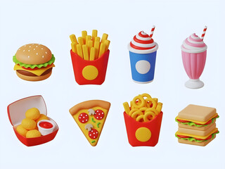 Fast food fun. 3d icons collection featuring burgers, pizza, and more