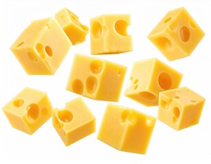 Swiss cheese cubes floating, isolated on white