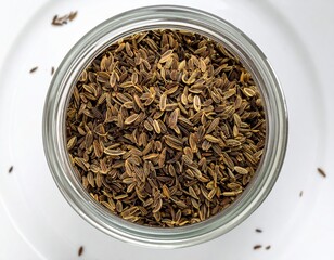Dill seeds in glass jar viewed from above