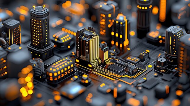 A detailed, abstract representation of a futuristic city built on a circuit board, with glowing orange lights illuminating the structures and pathways. The scen - Powered by Adobe