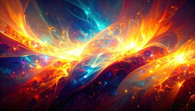 An abstract cosmic explosion of vibrant colors creates a celestial spectacle.