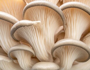 Oyster mushroom cluster, detailed ridges and soft lighting