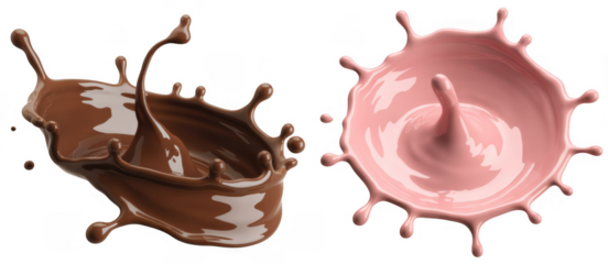 Chocolate and pink liquid splashes with droplets isolated on a transparent background