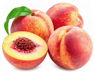 Four ripe peaches, one cut with exposed pit