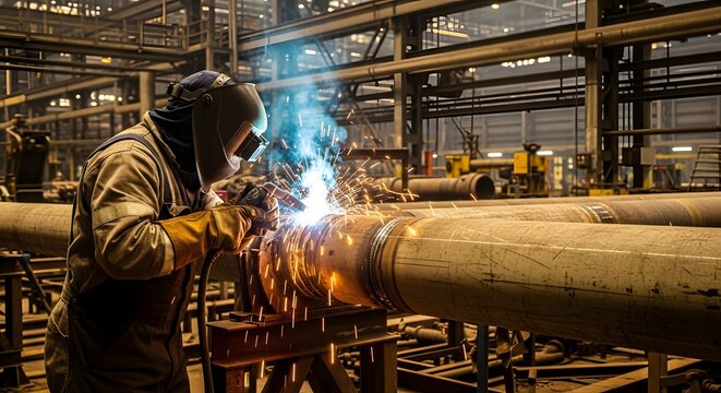 Welding process in industrial factory setting for manufacturing and engineering purposes