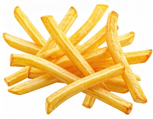 Golden fries pile on a white backdrop