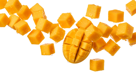 Falling fresh mango cubes on an isolated transparent background. Perfect for food advertising, healthy lifestyle concepts, and refreshing summer drink designs