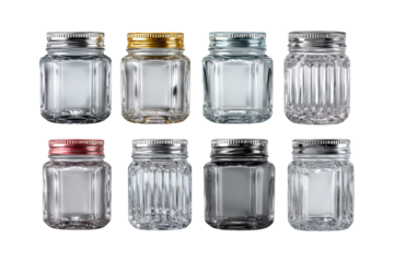 Collection of eight empty glass jars with various designs and metallic lids.