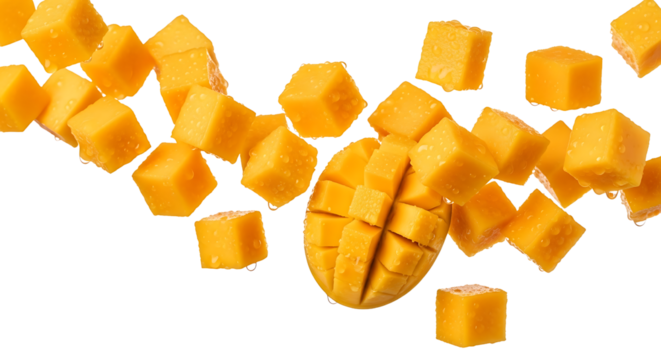 Falling fresh mango cubes on an isolated transparent background. Perfect for food advertising, healthy lifestyle concepts, and refreshing summer drink designs