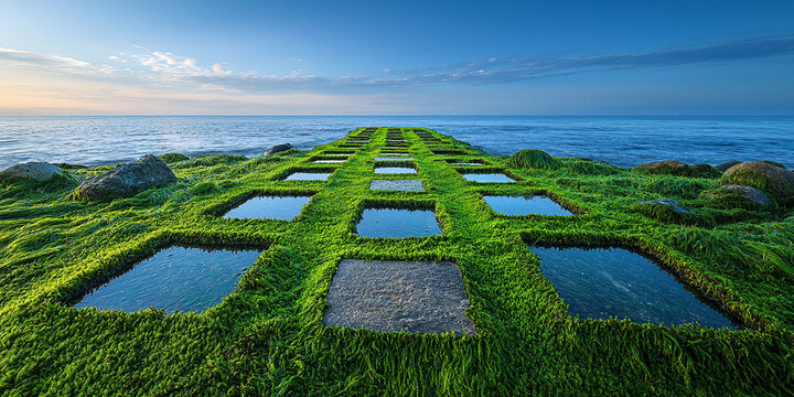 Surreal pathway of reflections on a vibrant coastal landscape Generative AI - Powered by Adobe