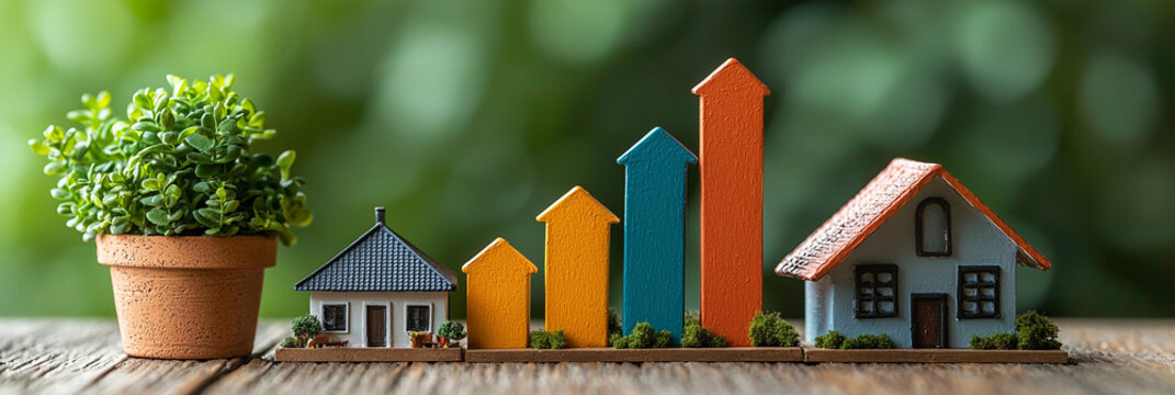 Colorful ascending bar graphs with miniature houses and plant Generative AI