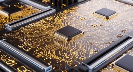 Striking close-up 3D render of a dark, futuristic circuit board or motherboard with glowing gold electronic pathways and central microchips or CPU processors