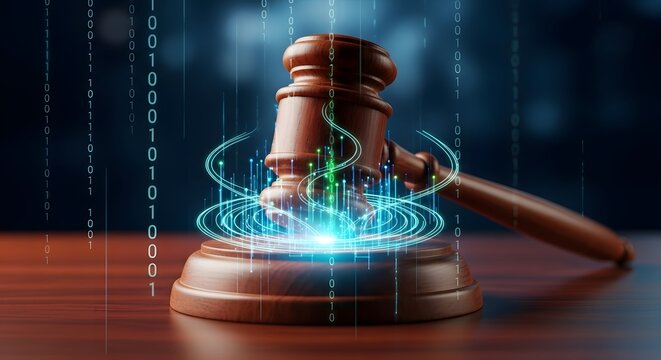 Digital justice concept with virtual gavel in cyber environment for modern legal discussions and technology integration