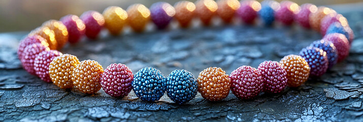 Colorful bead necklace with textured balls on display Generative AI