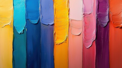 A close-up view of thick, textured paint strokes applied with a palette knife, showcasing a spectrum of vibrant colors from yellow and blue to pink and purple.