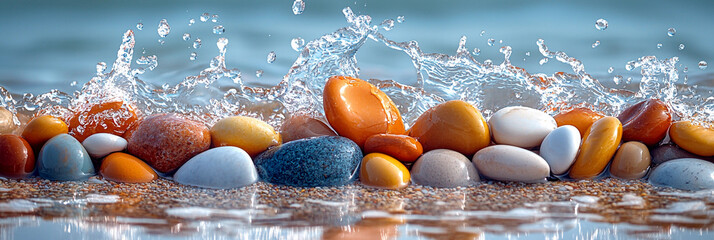 Colorful pebbles splashed by waves on a sunny beach shore Generative AI