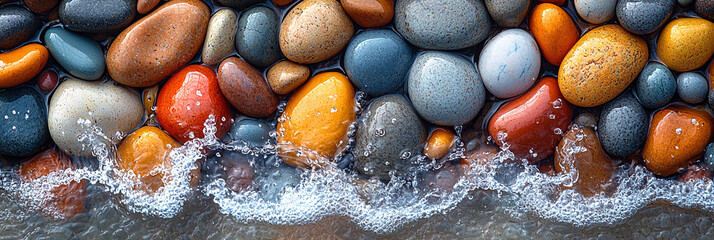 Colorful pebbles on a beach splashed by gentle waves Generative AI