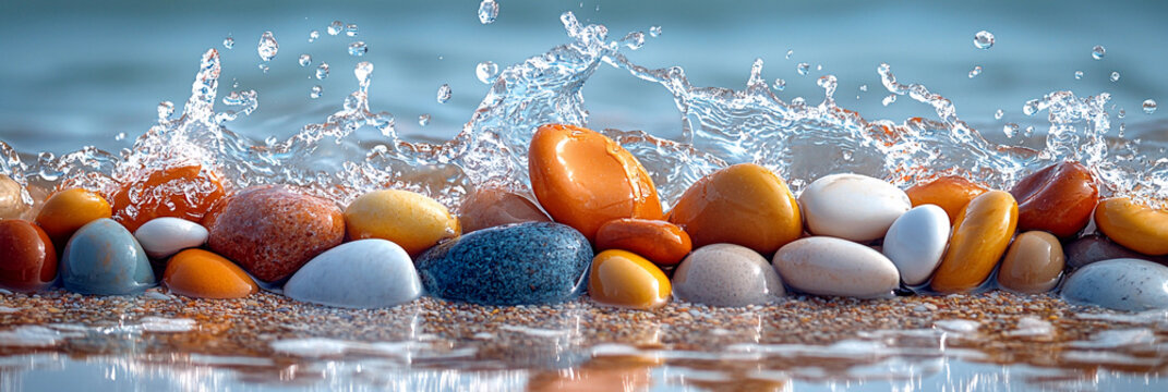 Colorful pebbles splashed by waves on a sunny beach shore Generative AI - Powered by Adobe