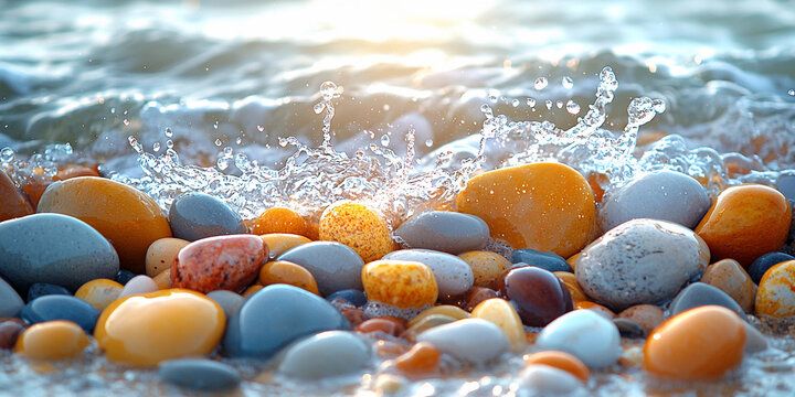 Colorful pebbles splashed by waves on a sunny beach Generative AI
