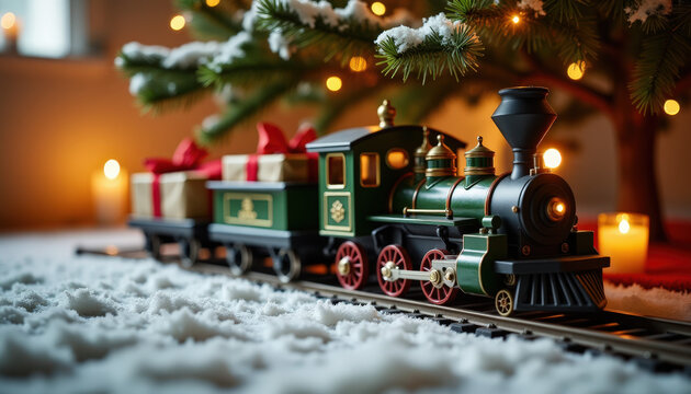 Festive model train with gifts under christmas tree surrounded by snow and lit candles indoors