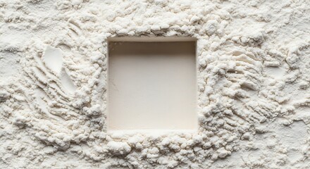 White flour texture background with a central square space.