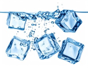 Ice cubes splash into clear liquid. Bubbles and ripples