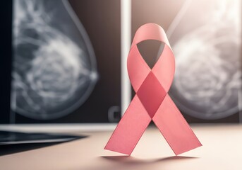 Pink ribbon symbolizing breast cancer awareness with mammogram background for health promotion and support