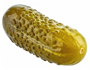 Green dill pickle with rough, bumpy skin, on white