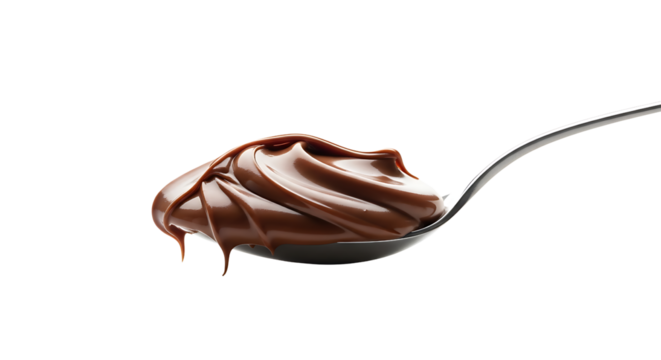 Delicious melted chocolate on a spoon with transparent background for dessert design and baking illustration