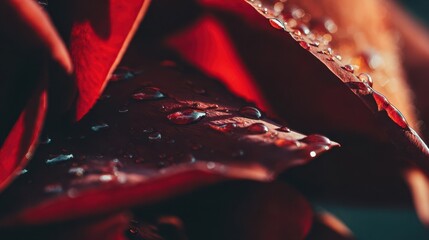 Close-up view of water droplets on deep red leaves.