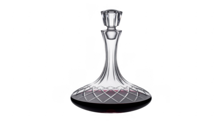 Clear crystal wine decanter filled with red wine and faceted stopper isolated on a transparent background