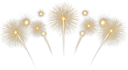 Golden fireworks display exploding in the night sky isolated on transparent background