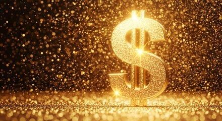 Golden dollar symbol with glitter sparkles for wealth and luxury design concepts