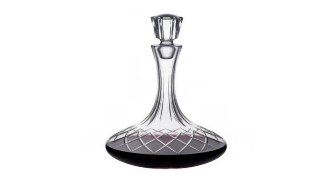 Clear crystal wine decanter filled with red wine and faceted stopper isolated on a transparent background