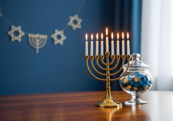 Glowing Menorah illuminates festive Hanukkah celebration with blue and white candies