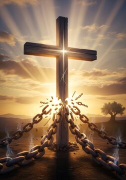 Symbolic breaking chains at cross in dramatic sunset, concept of freedom and redemption, for inspirational design