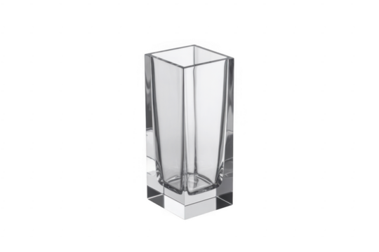 Clear square glass vase with thick base isolated on a transparent background