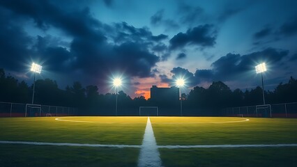 floodlights. Empty football field illuminated by floodlights at dusk, creating a serene and atmospheric scene. event key visuals.
