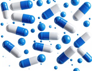 Blue/white capsules, spheres float on white. Clean & modern