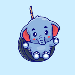 Cute Elephant Playing Tire Swing Cartoon