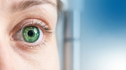 Close up of human green eye with digital biometric scanning circles overlay