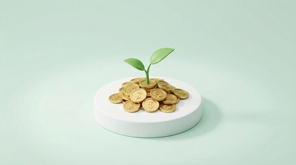 Small green plant sprouting from pile of gold coins on white round podium
