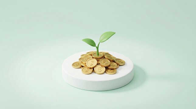 Small green plant sprouting from pile of gold coins on white round podium - Powered by Adobe