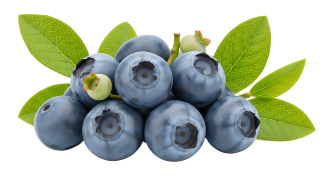 Fresh Blueberries on Stem with Green Leaves Isolated on a Transparent PNG Background